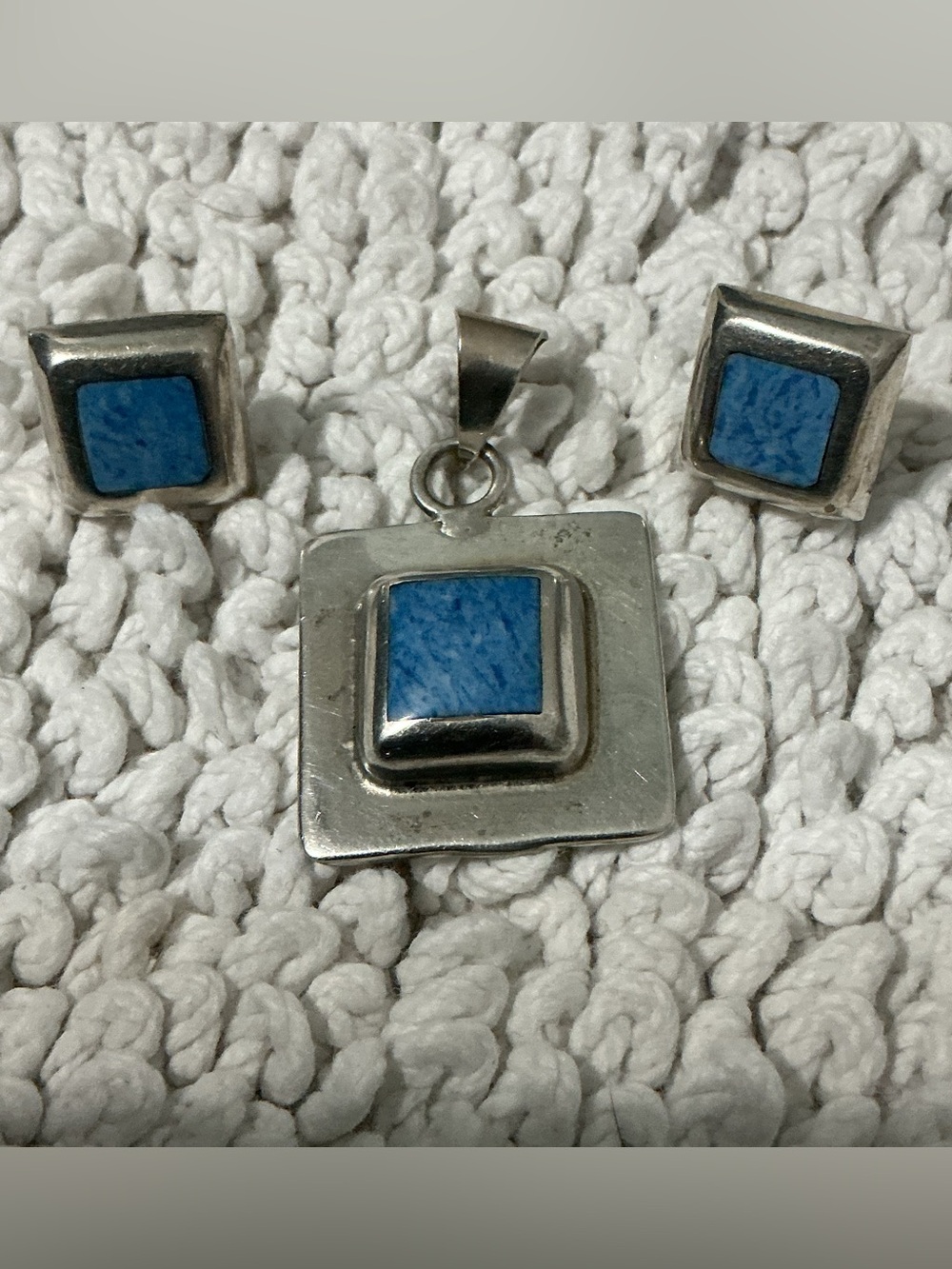 SILVERWORLD Mexico 925 Sterling Blue Stone Pendant Earring Set Vintage